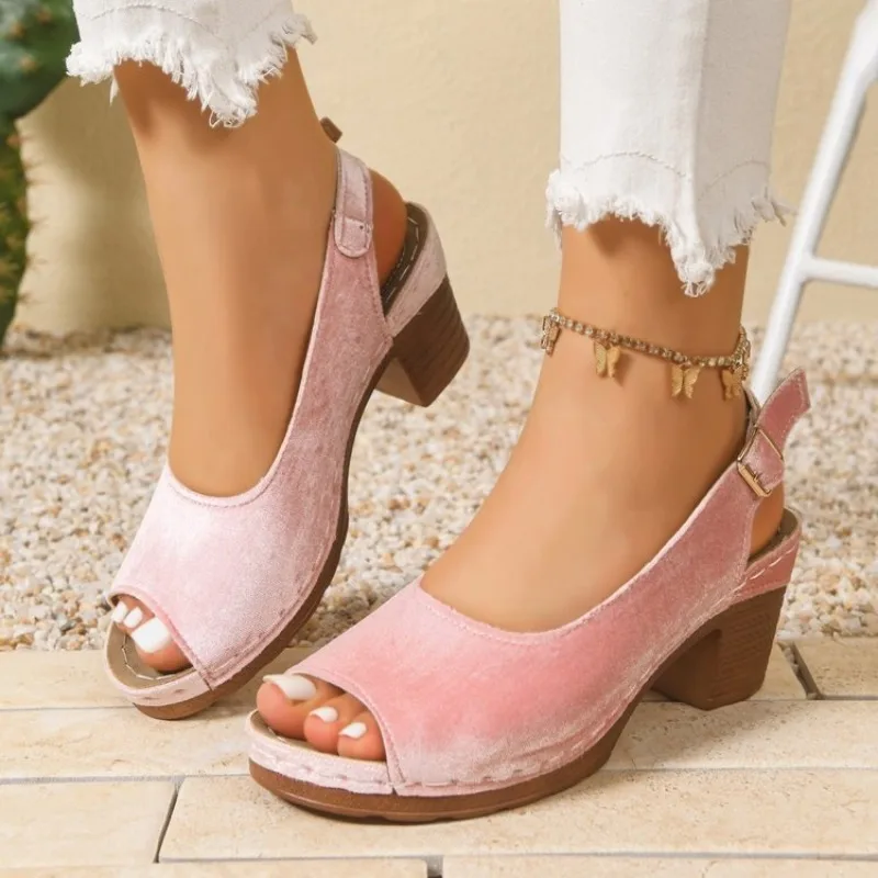 Peep-Toe Samt-Slingback-Sandalen für Damen mit Plateau und Blockabsatz