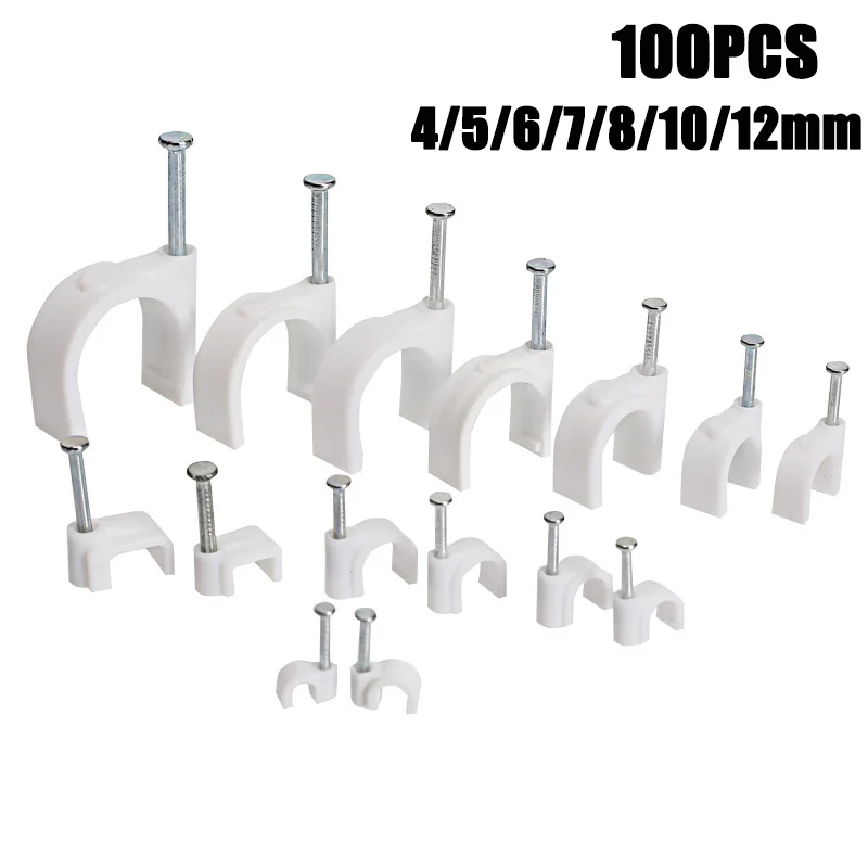 100Pcs Round Cable Clips U Shape Nail Clip Wall Hanging Screw Cable Clips Cable Pipe Fixing Wall Hanging Clamp Steel Nail Set