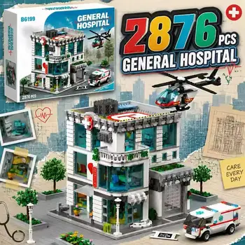Architektura miasta Ogólny Szpital Klocki Konstrukcyjne Widok Ulicy DIY Edukacja Montaż Kreatywny Model Zabawka Prezent na Boże Narodzenie