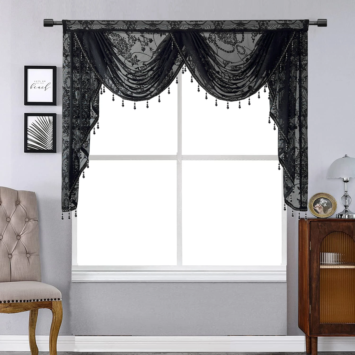 Retro Black Voile Wave Swag Waterfall Valance with Tassel Beads Fringe Trim for Living Room Curtain Head Home Drapes ZH561