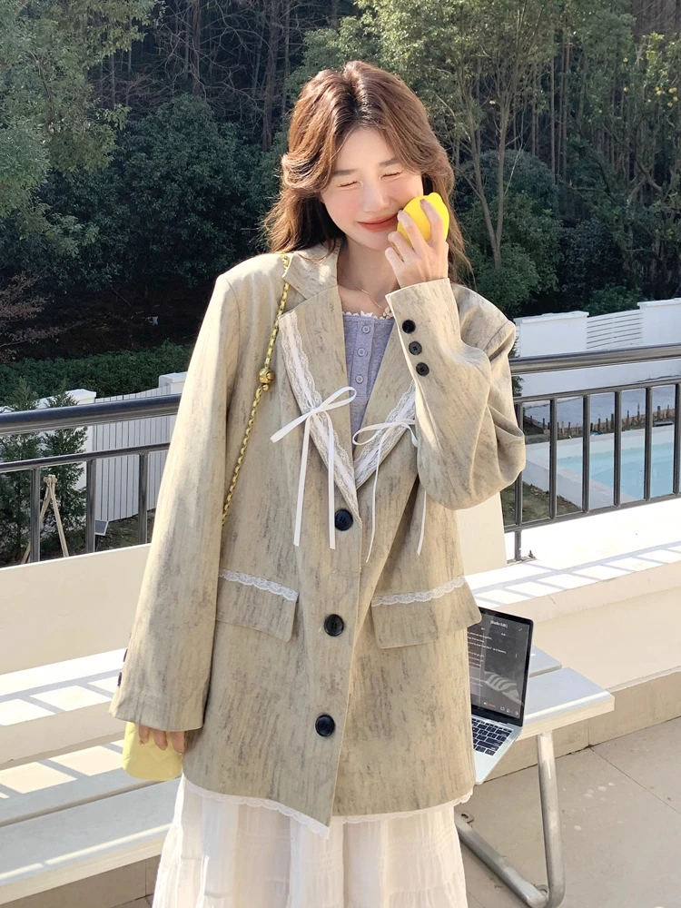 Advanced Women's Suit Jacket Lace Stitching Design Long Sleeved Single Breasted Suit Jacket Gentle Elegant Spring Autumn Suit