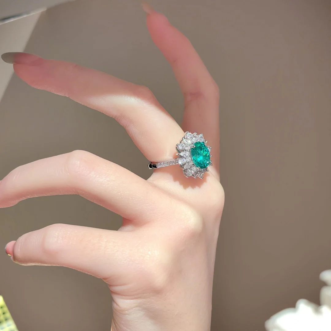 925 Sterling Silber Luxuriöser Modischer Ring mit ovalem Paraiba-Stein, Retro Premium Taubenei Kubikzirkonia Damenring – Detail 2