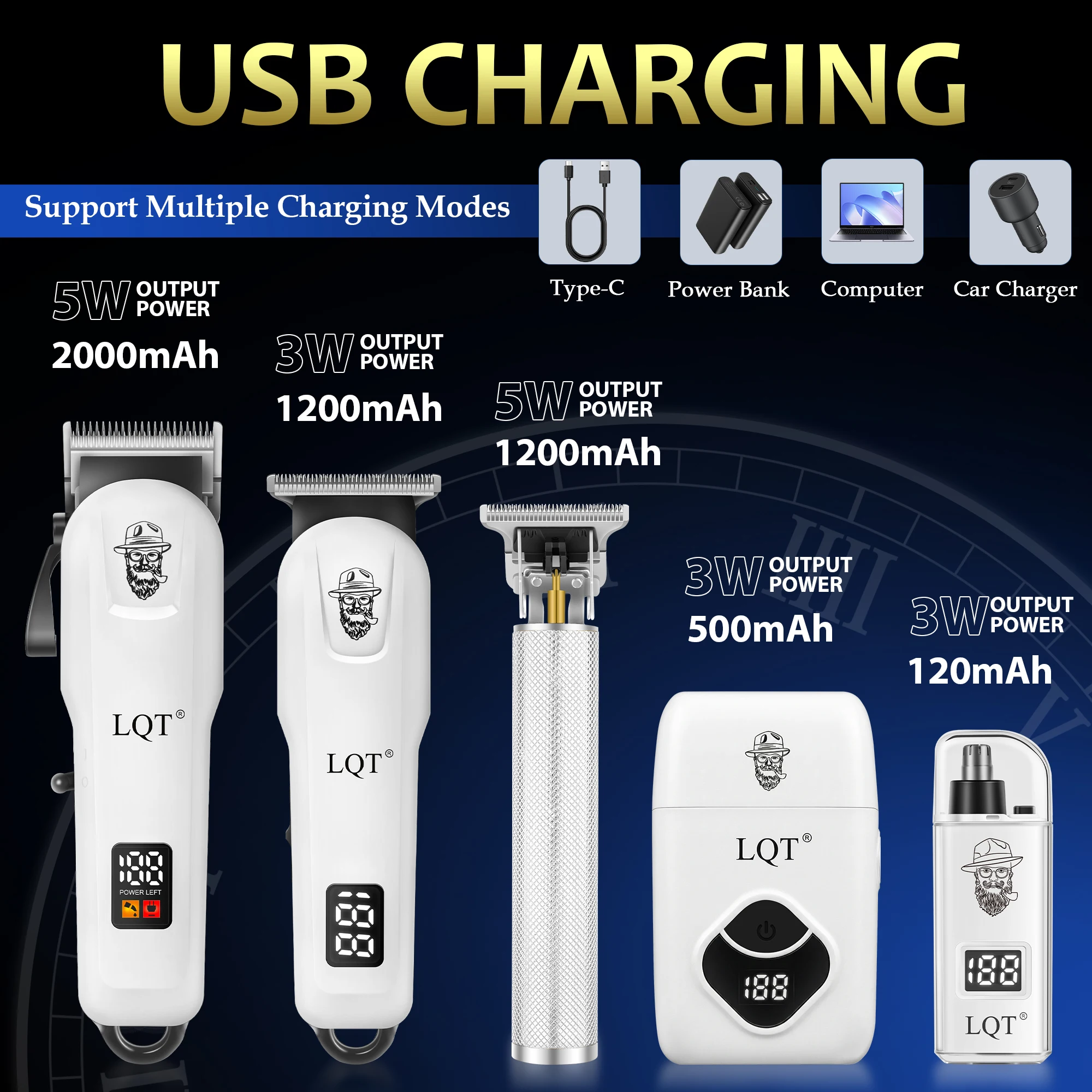 5 In 1 Men Barber Grooming Kit Cordless Hair Clipper Detail Trimmer Shaver LCD Display USB Rechargeable Hair Cutting Set