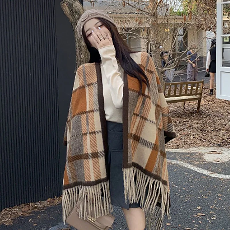 

HLHY Популярная клетчатая куртка с шалью на осень и зиму, повседневный стиль, высококачественный теплый шарф с кисточками из искусственного кашемира для улицы