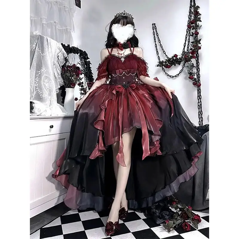 Vestido de novia de flores rojas para mujer, vestido de princesa Lolita, vestido de industria pesada, Tug Pengpeng