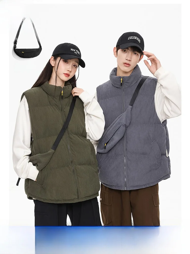 

Corduroy Vest Unisex Autumn Winter Trendy Brand Stand Collar Sleeveless Warm Outerwear for Couples Youth Casual Loose Fit Zipper
