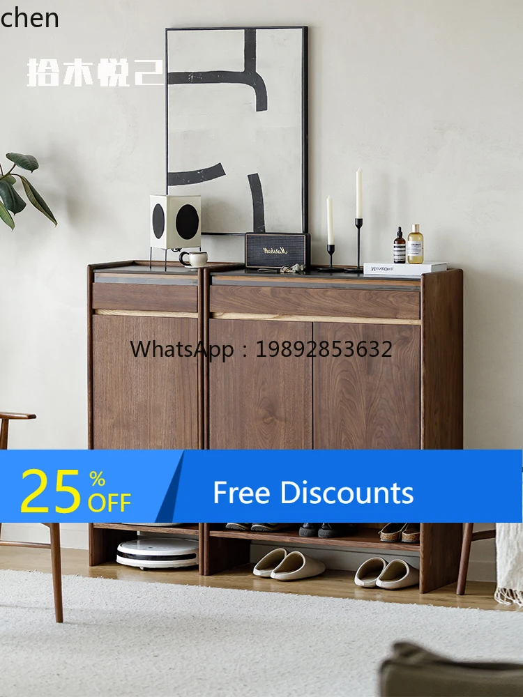

LYY black walnut shoe cabinet small apartment entrance all solid wood rock slab countertop locker
