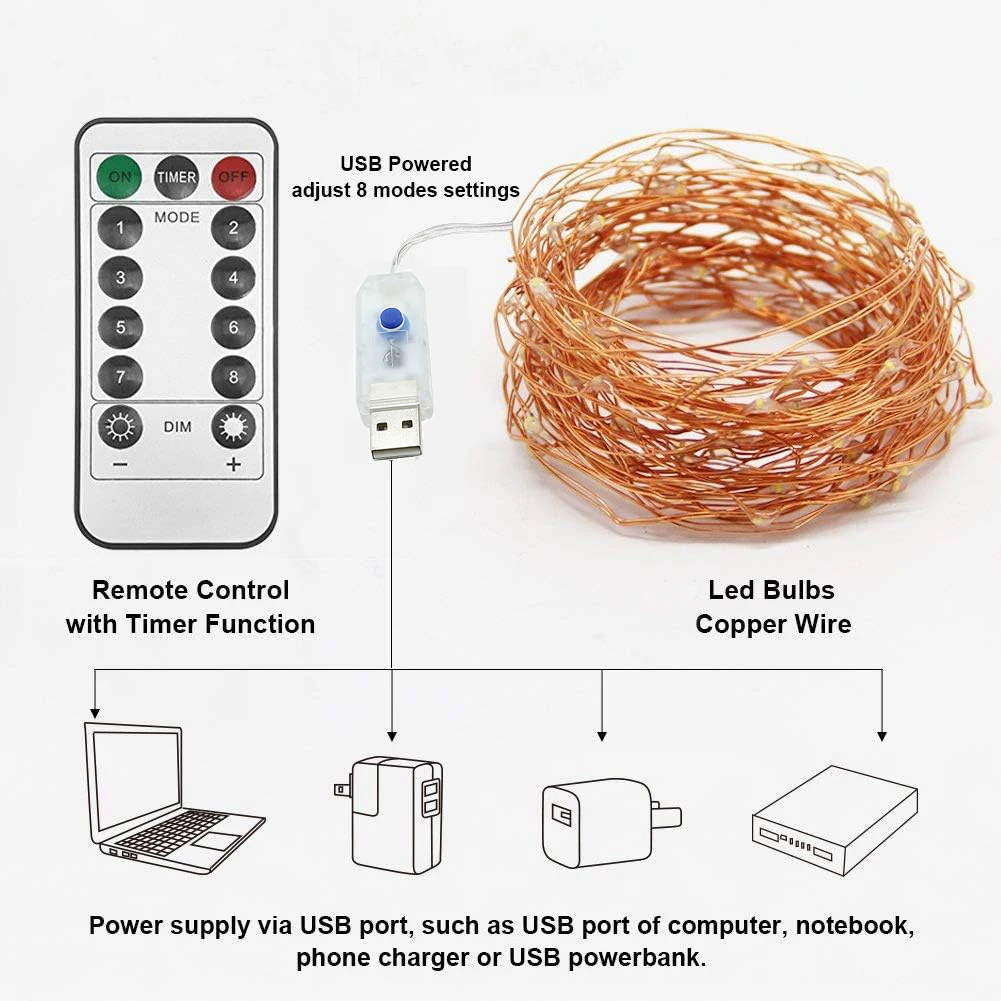 Copper Wire String Light 8 Modes USB Powered+Remote Control for Wedding Party Home Christmas Fairy Decor Warm White 10m 20m 30m
