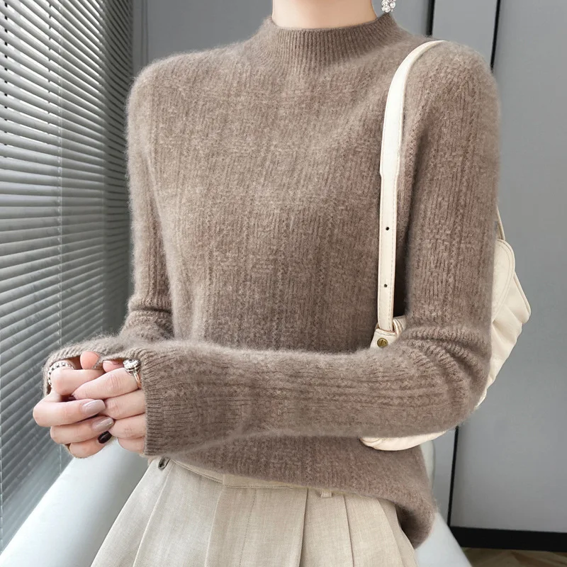 Seamless Half High Neck Hollowed Out Wool Sweater Women's Long Sleeved Solid Color Jumper Winter Warm Cashmere Knit Pullover