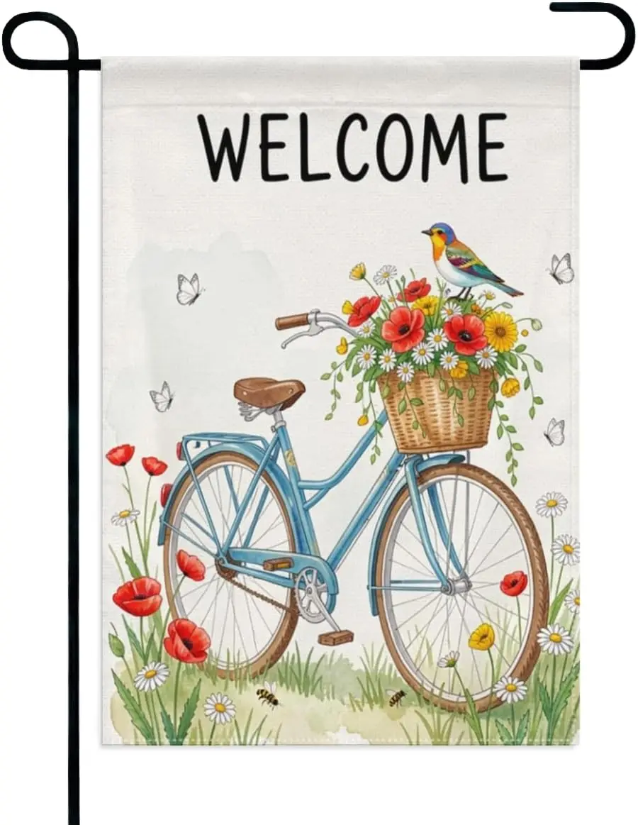 Welcome Bicycle Garden Flag 12x18 Inch Double Sided – Spring Floral Bird & Butterflies Outdoor Yard Decoration for Porch kkz