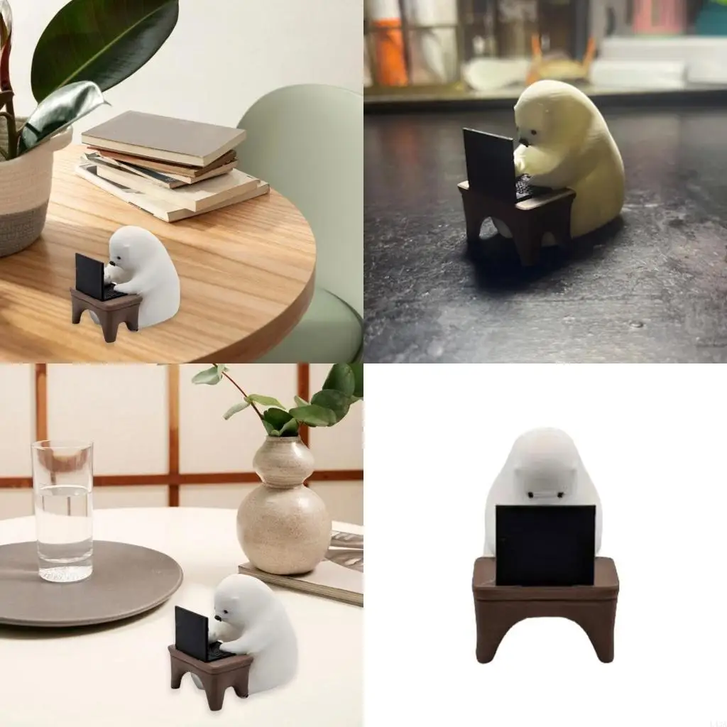 L43A Cartoon Miniature Animal Statute Coder Bear with Laptop Computer Figurine Ornament for Desktop and Book Shelf Decors