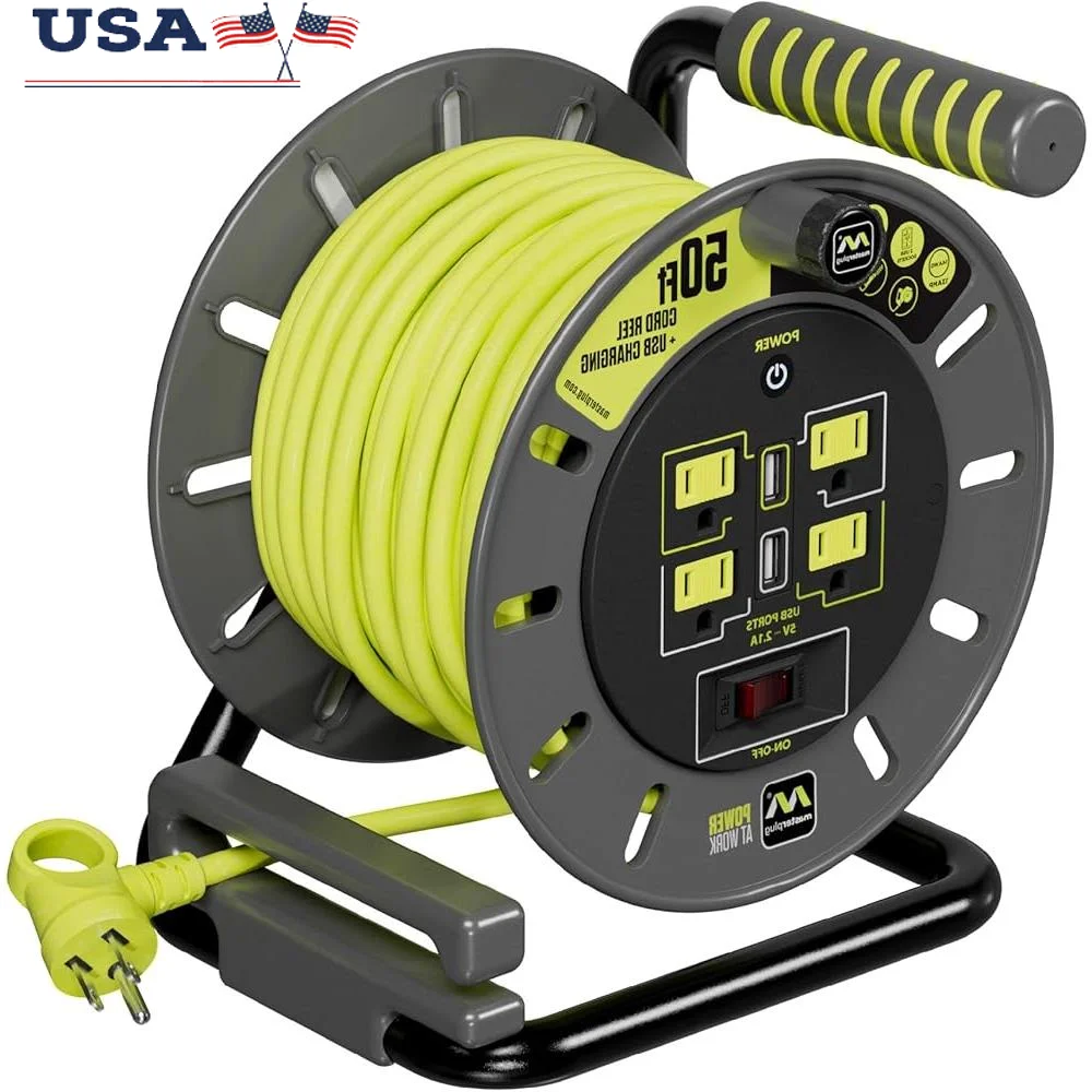 

50ft Retractable Extension Cord Reel 4 Outlets USB Ports Safety Circuit Breaker Power Switch Tangle-Free Design Heavy Duty