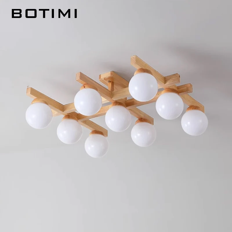 

BOTIMI 3 6 9 Lights Solid Wood Chandelier With Glass Lampshades For living Room Modern Bedroom LED Lustres Dining Lights