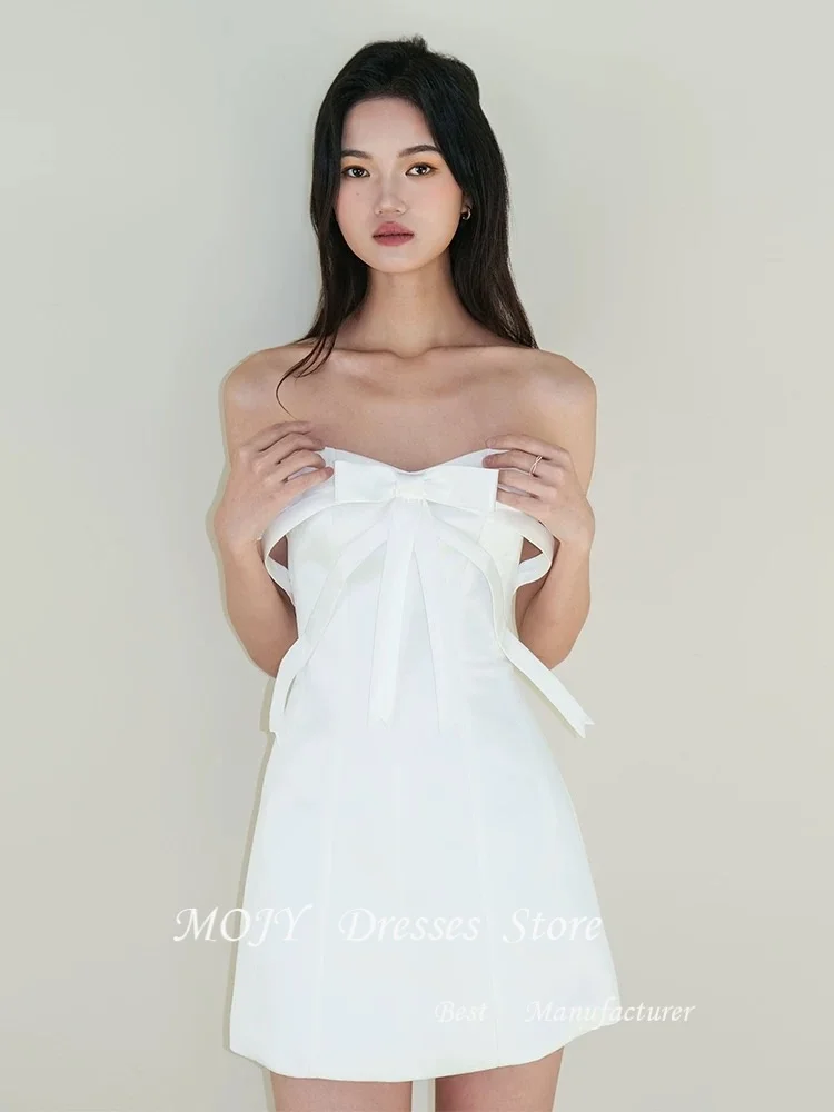 Вечернее платье Mojy для дня рождения, белое мини-платье без бретелек с открытыми плечами и бантом, трапециевидное платье для девочек, короткое милое платье