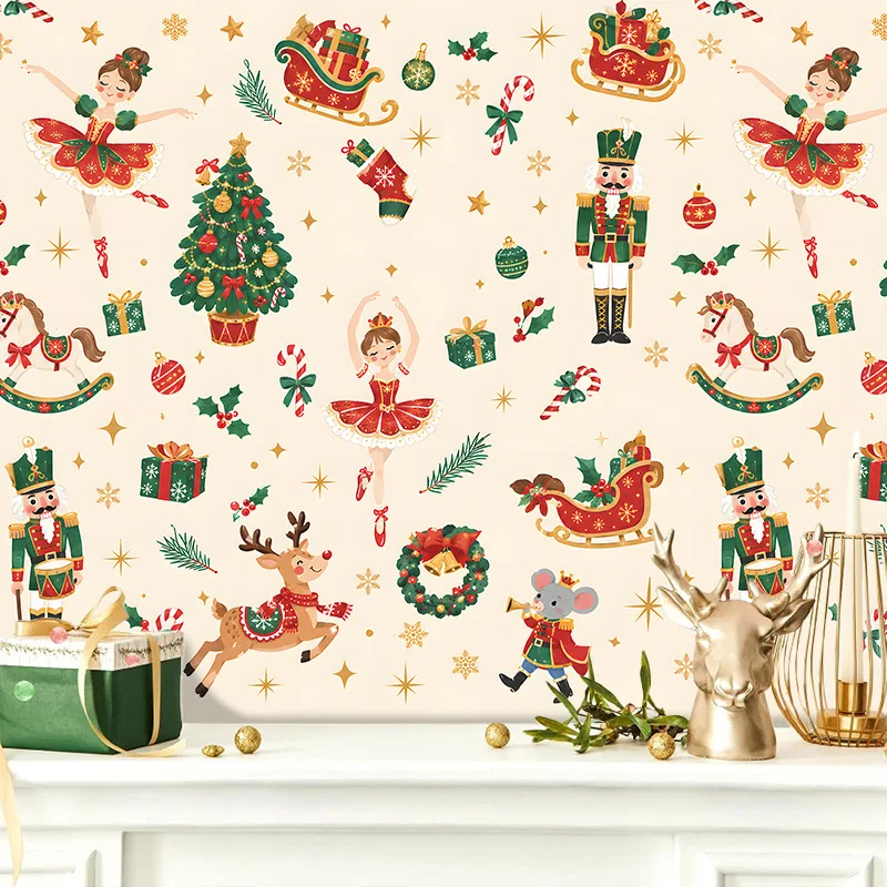 Self Adhesive Wallpaper Christmas Nutcracker Ballet Dancer Pattern Removable Vinyl Wall Mural for Bedroom Nursery Xmas Decor