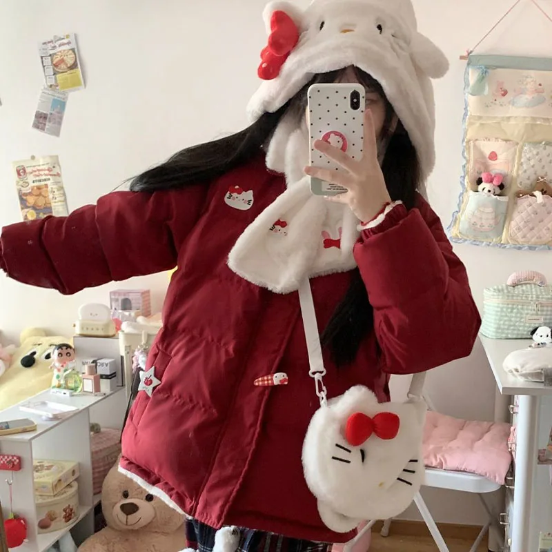 Sanrioed Cinnamoroll Padded Jacket Women Double-Sided Cotton Coat Kawaii Hello Kittys Christmas Embroidery Plus Velvet Tops Cute