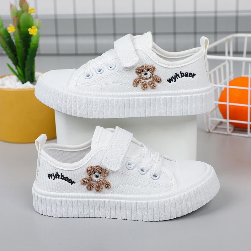 Children\'s Canvas Shoes Spring Autumn White Embroidery Cartoon Boys and Girls Single Shoes Pink Soft Non-slip Kids Casual Shoes