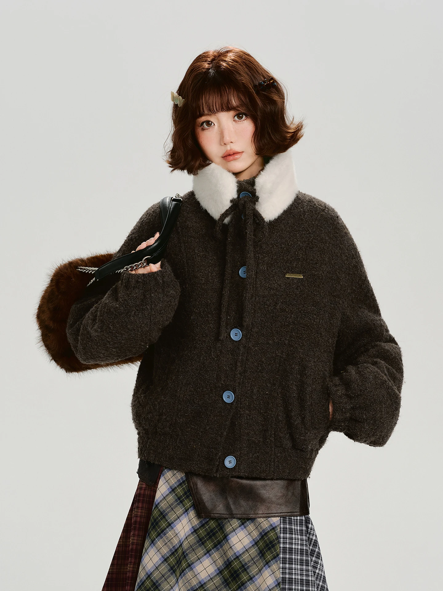 

Girly American Retro Detachable Fur Collar Woolen Coat Women Winter New Thi Warm Loose Top Casual Sle High Collar Button