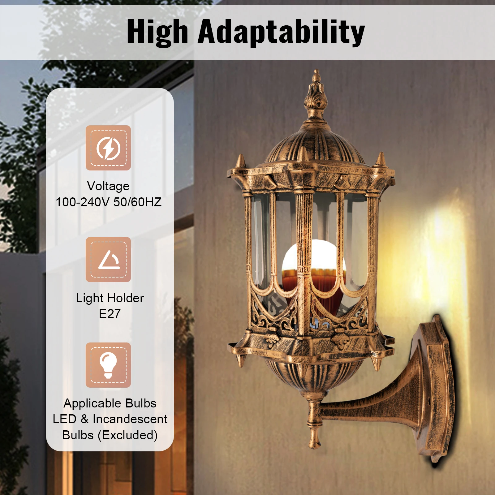 E27 Vintage Retro Wall Lamp Exterior Wall Mount Light Fixture, Antique Brass Lanterns Glass Sconce for Indoor Outdoor Garden