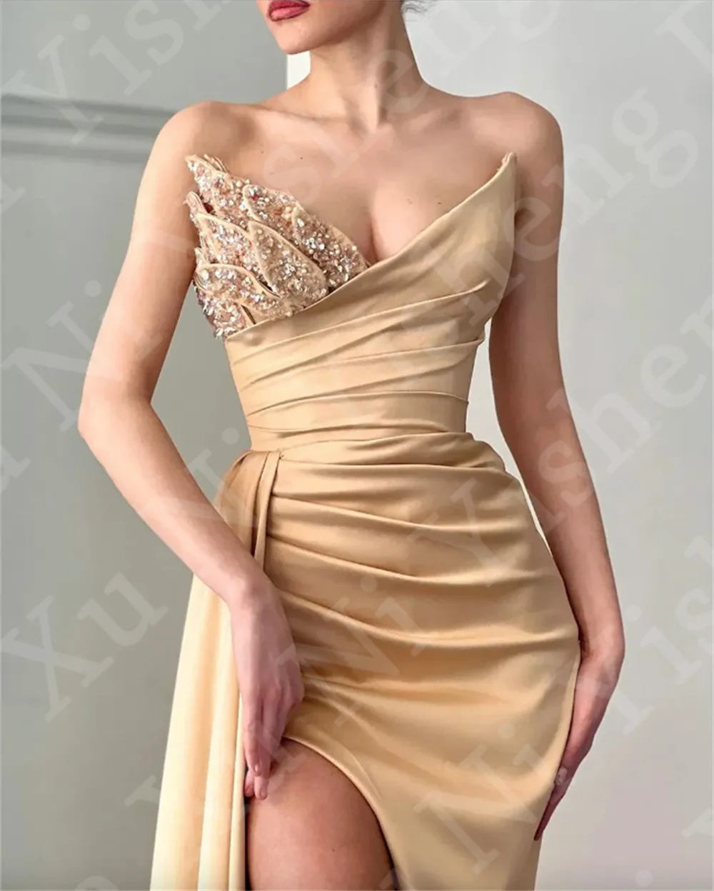 Sexy Satin Meerjungfrau formelle Abendkleid für Frauen Pailletten Falten sexy Seite Split Braut Empfangs kleid lange Hochzeits feier Kleid