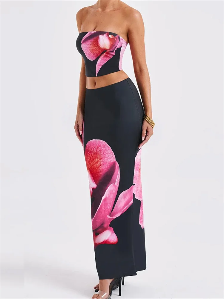 Chronstyle sexy Frauen 2 Stück Outfits Blumen druck Tube Tops und elastische Taille Bodycon lange Röcke Sets Sommer Streetwear 2024