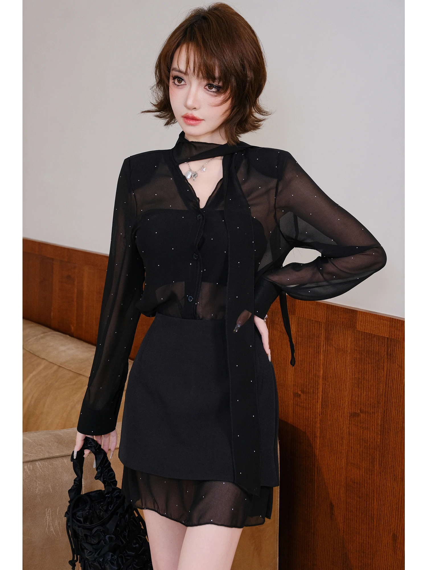 

MIUCO Black V-neck Shirt Skirt Set Women's Fashion Sensation High Waist Draped Scented Spring Collection Long Sleeve Shirt