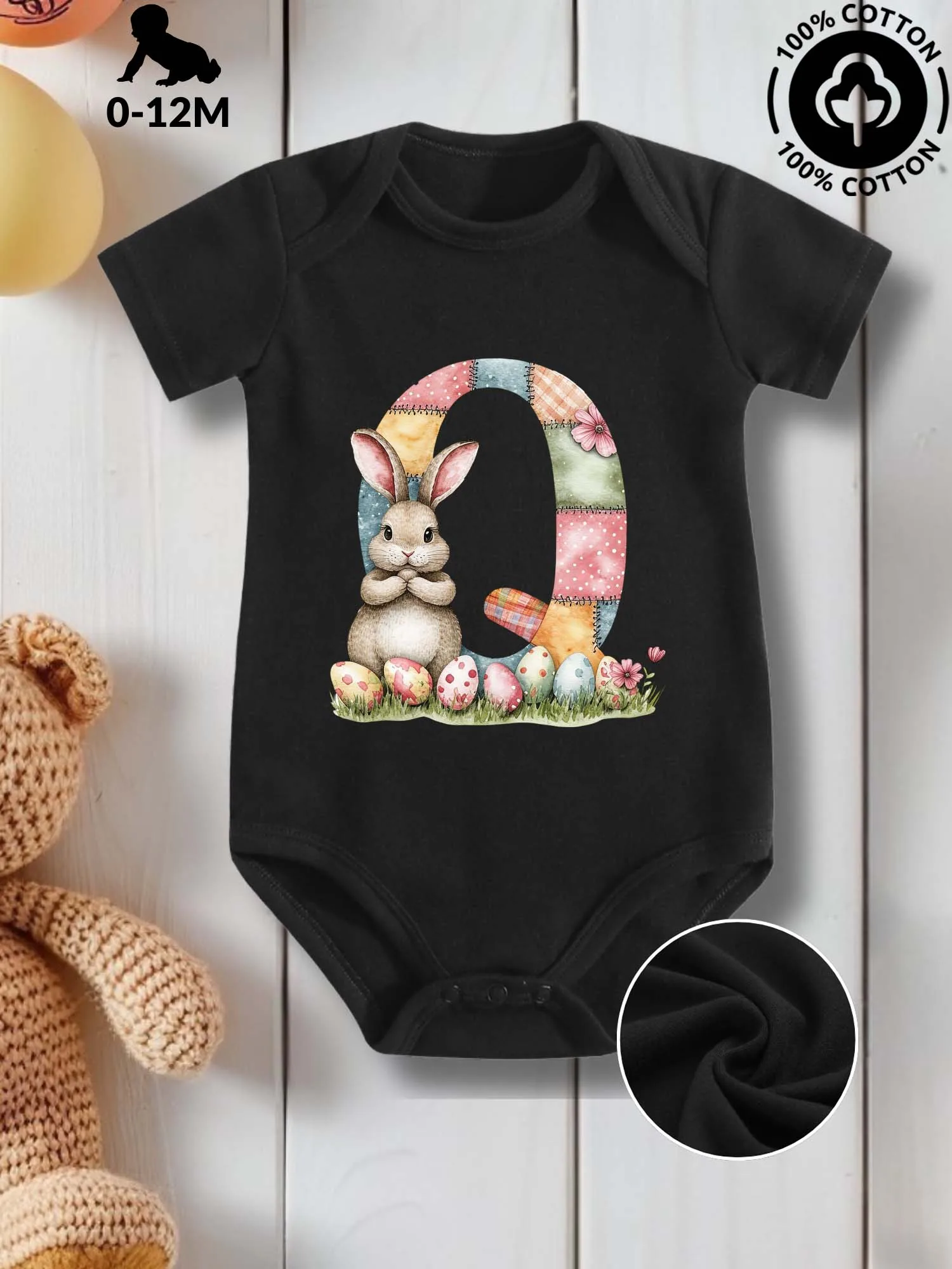 Traje unisex para gatear para bebé con conejito regordete y letra O, mono de algodón puro para el cuidado de la piel, mono negro para todas las estaciones 190GSM