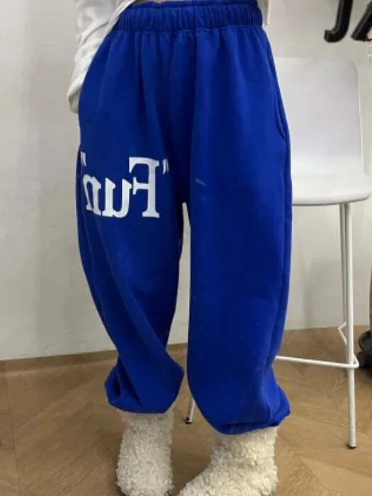 Korean Style Letter Embellished Elastic Waist Fleece Lined Pants Sweatpants Comfortable Cotton Sweatshirt Pants for Women