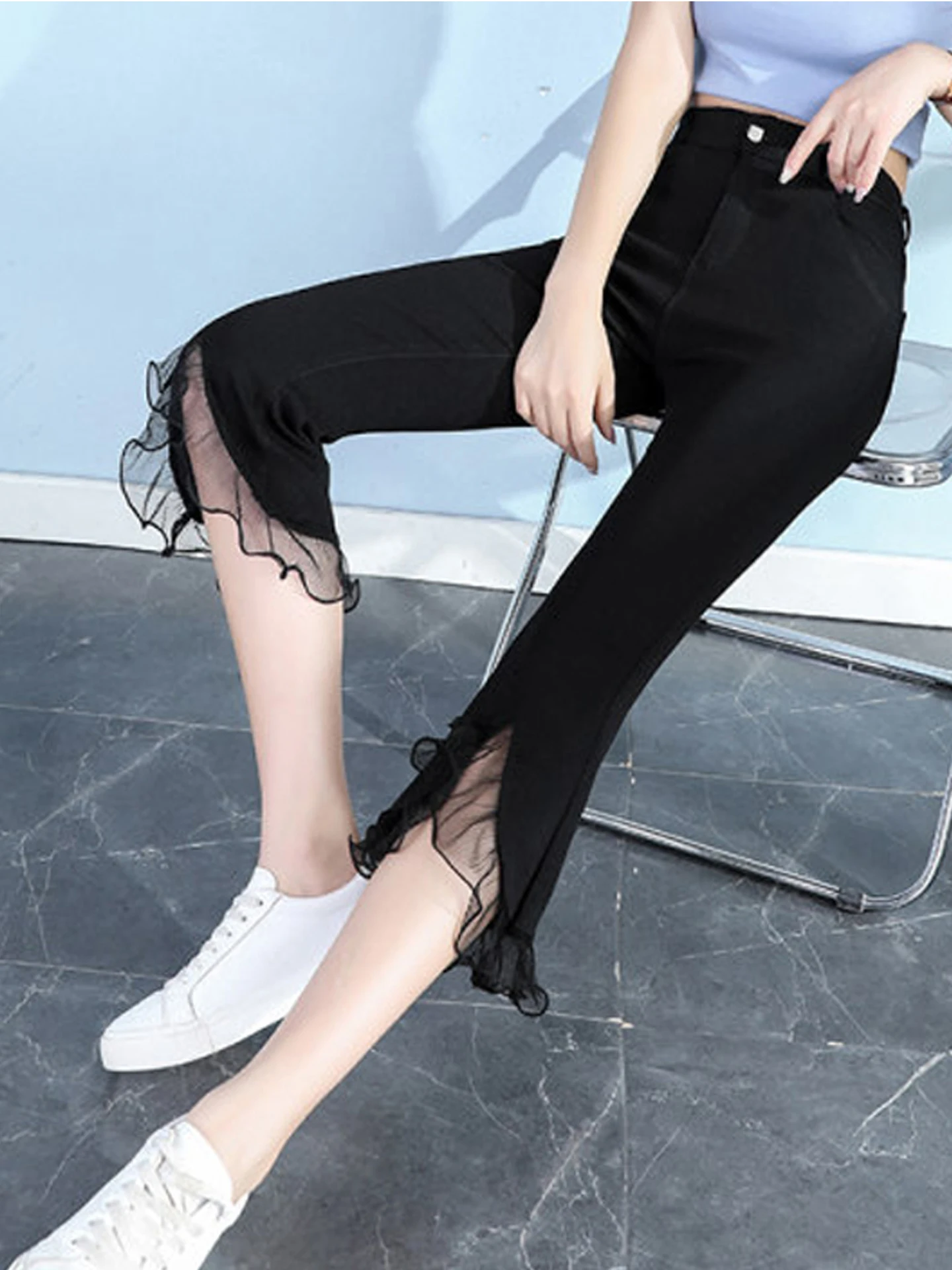 High Waist Slimming Seven-Foot Micro Flared Pants Women's Summer Thin Casual Elastic Lace Patchwork Split Pants Ladies' Casua...