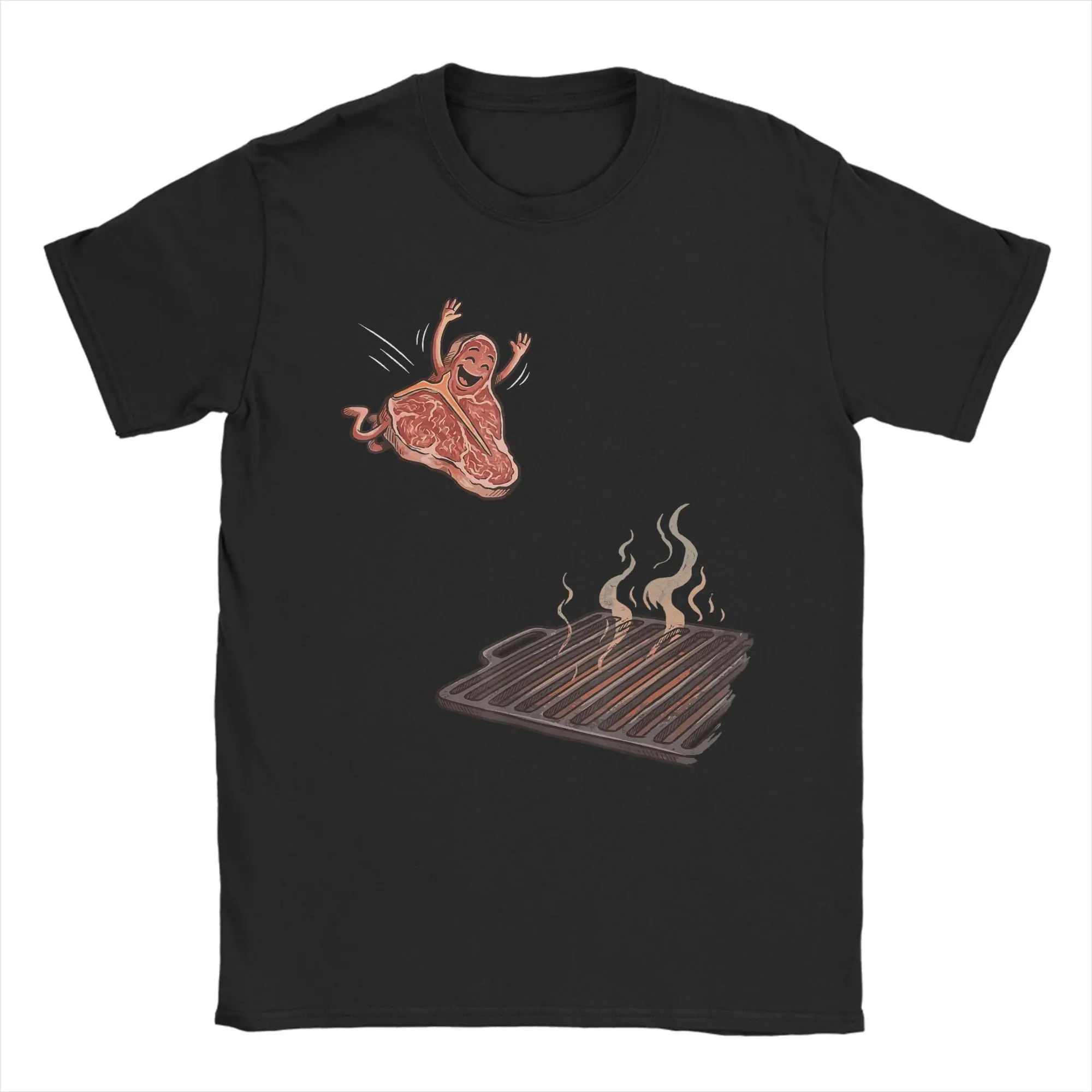 BBQ Steak Meme Cute Meat Jumping Into Grill T Shirt for Men Cotton T-Shirts Round Collar  Tee Shirt Short Sleeve Clothing Summer