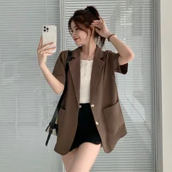 Blazer Women Korean Chic Summer Short Sleeve Suit Jacket Pockets Office Ladies Black Blazer Femenino Women Clothing Thin Tops