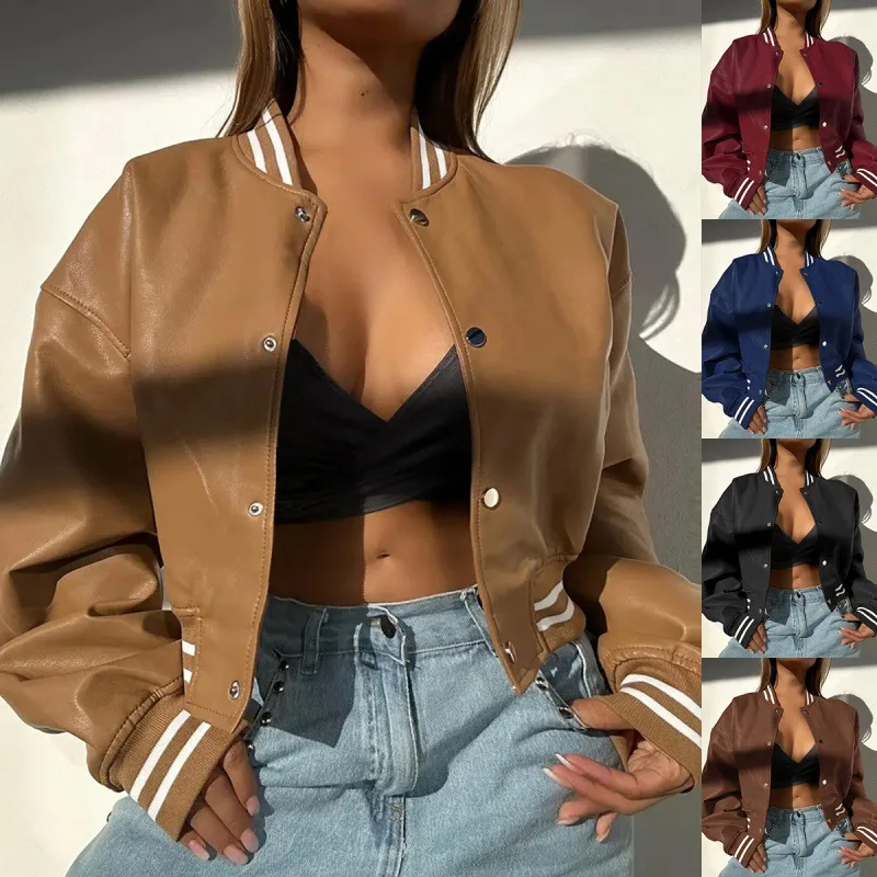 

Spring Autumn New Solid Color Women Long Sleeved Motorcycle PU Leather Jacket Simple Baseball Collar Female Casual Coat