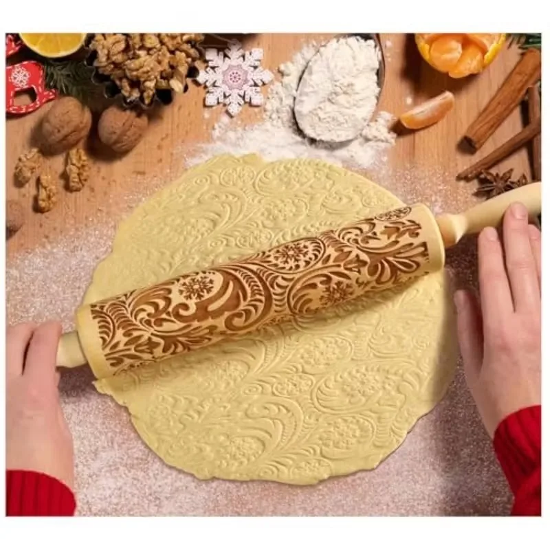 Christmas Snowflake Rolling Pin Embossed Cookie Dough Fondant Baking Tool Holiday Festive Kitchen Accessory Christmas Baking DIY