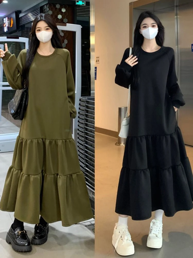 Plus size 300 pou feminino a linha dr base camada saia casual cintura solta fibra de poliéster longo sve redondo ne dr