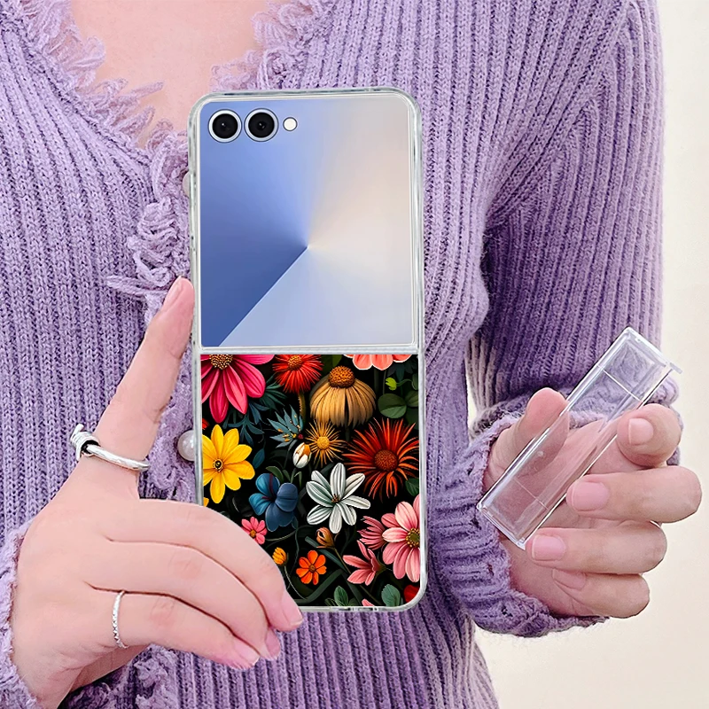 Colorful Flower Patterned Phone Case For Samsung Galaxy Z Flip 8 7 FE 6 5 4 3 5G Z Flip7 Flip8 Flip6 Folding Hard PC Clear Cover view 4