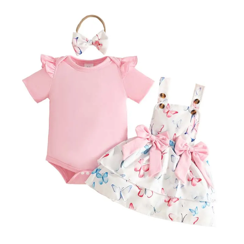 Baby Girl Clothing 3Piece Outfits 0-18Months Short Sleeve Pink Bodysuits+Butterfly Print Skirts+Headband Summer Newborn Girl Set