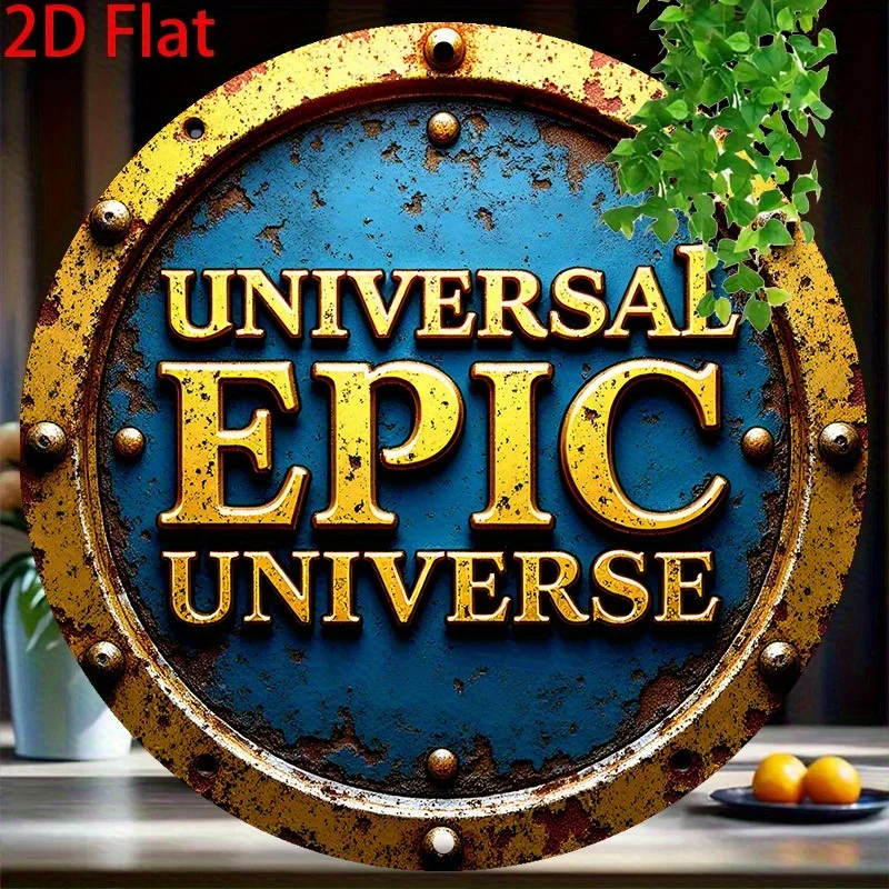 مسطح ثنائي الأبعاد، قطعة واحدة من لافتة ديكور الحائط المستديرة القديمة تشبه المعدن العتيق - حروف ذهبية ملحمية للكون، مخطط ألوان أزرق وذهبي ريفي #4