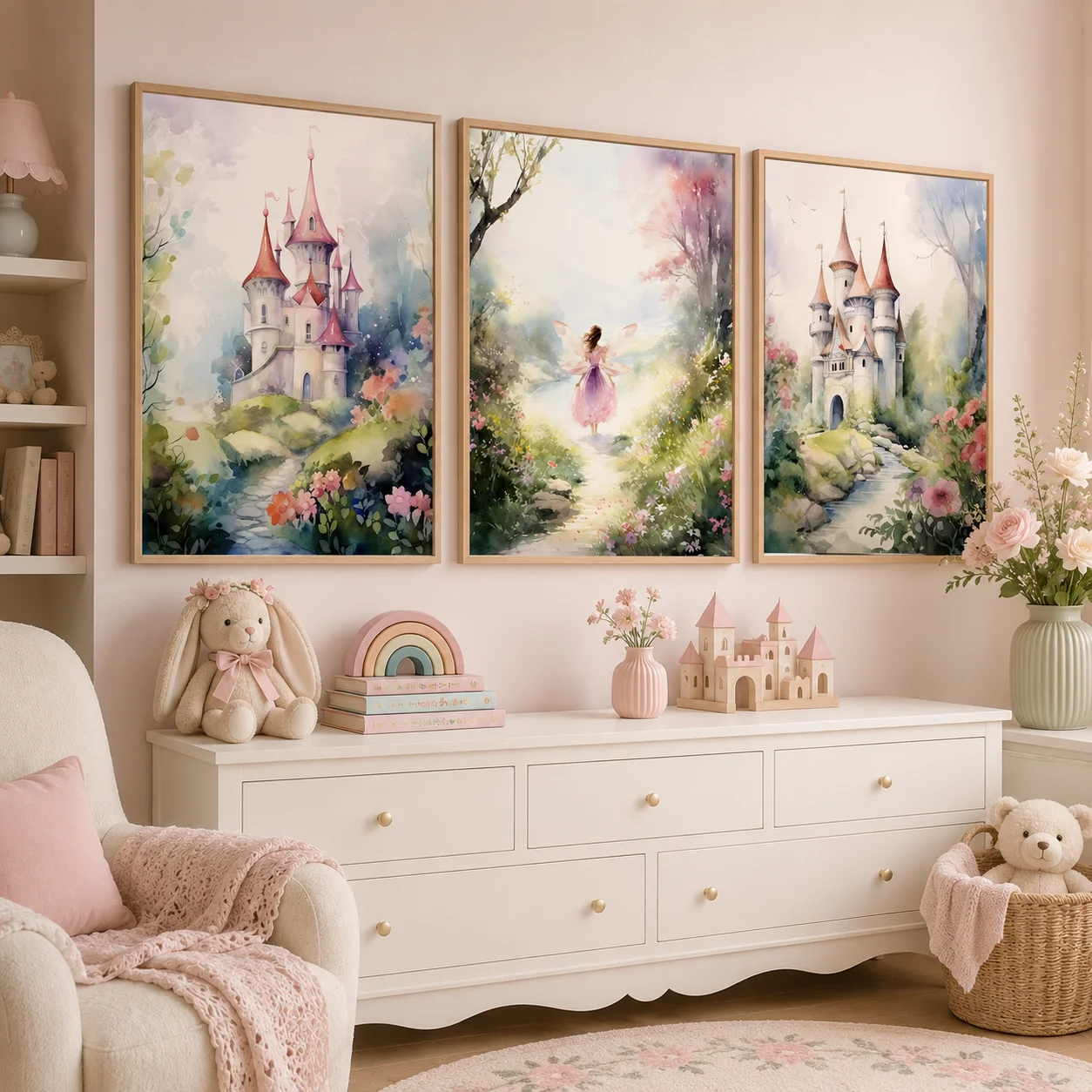 Nursery Wall Art Nordic Dreamy Castle Landscape Canvas Painting Baby Poster Print for Toddler Kids Princess Room Wall Decor