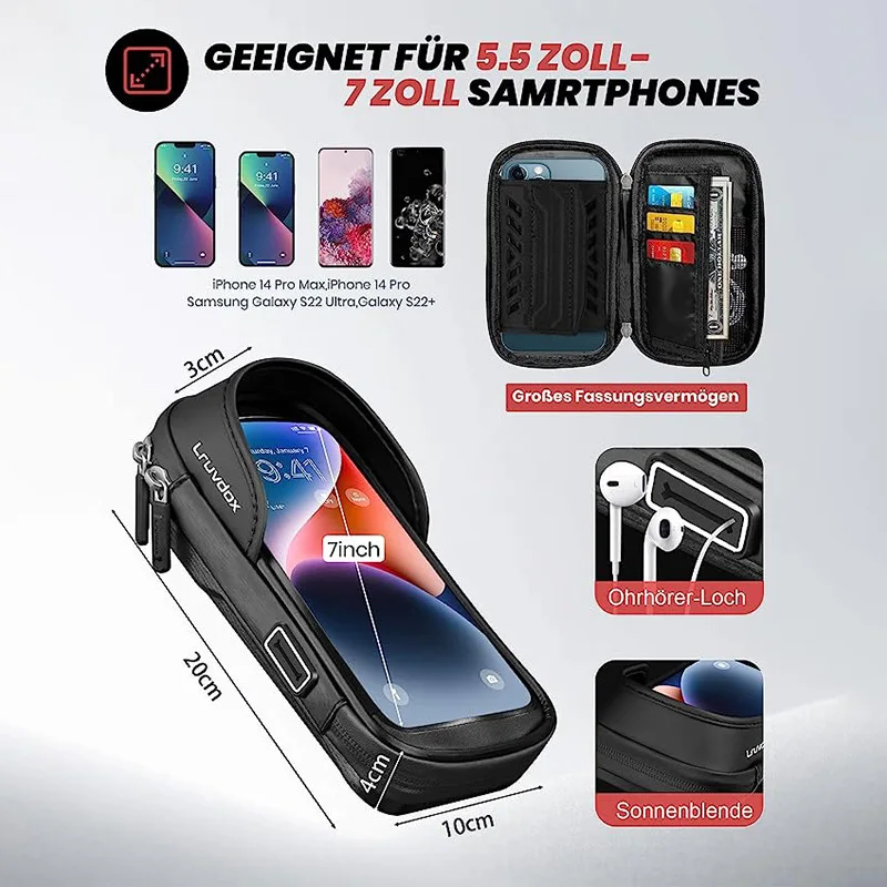 حقيبة حامل هاتف للدراجة مقاومة للماء IPX6 - 360 درجة °   شاشة تعمل باللمس للدراجة النارية الإلكترونية