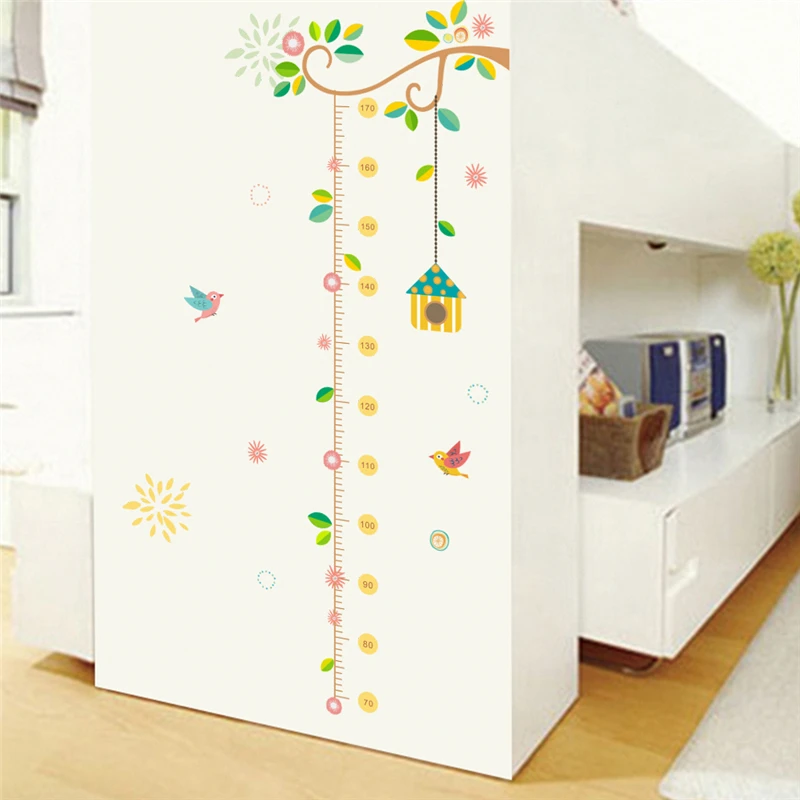 Birds Cage Flower Tree Branch Growth Chart Wall Sticker For Kids Room Decor Nursery Mural Art Diy Children Height Home Decals