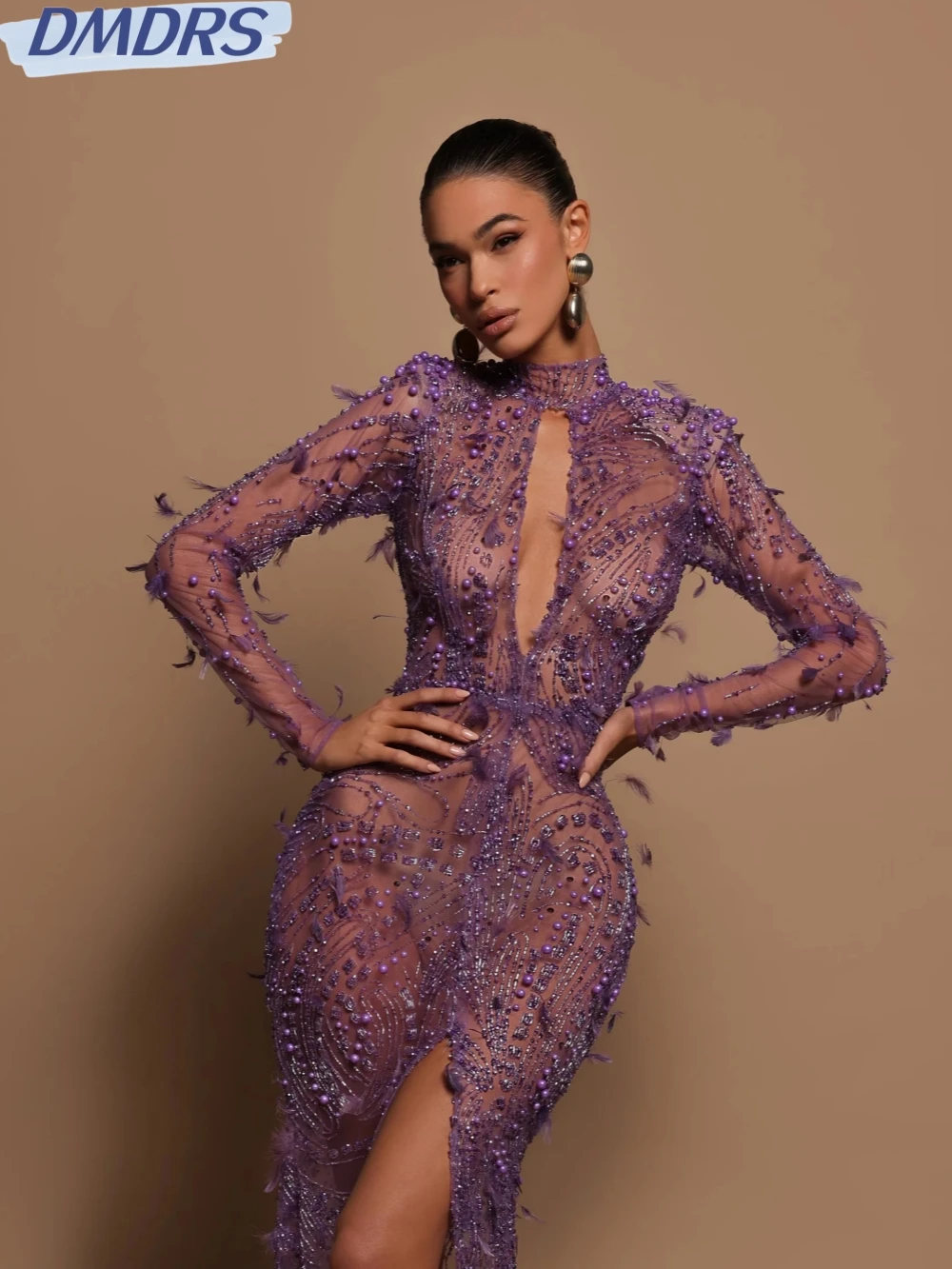 

Purple Gorgeous Beaded Feathers Evening Dress Sexy Illusion Prom Gown Elegant Mermaid Cocktail Dresses Customized Robe De Mariée