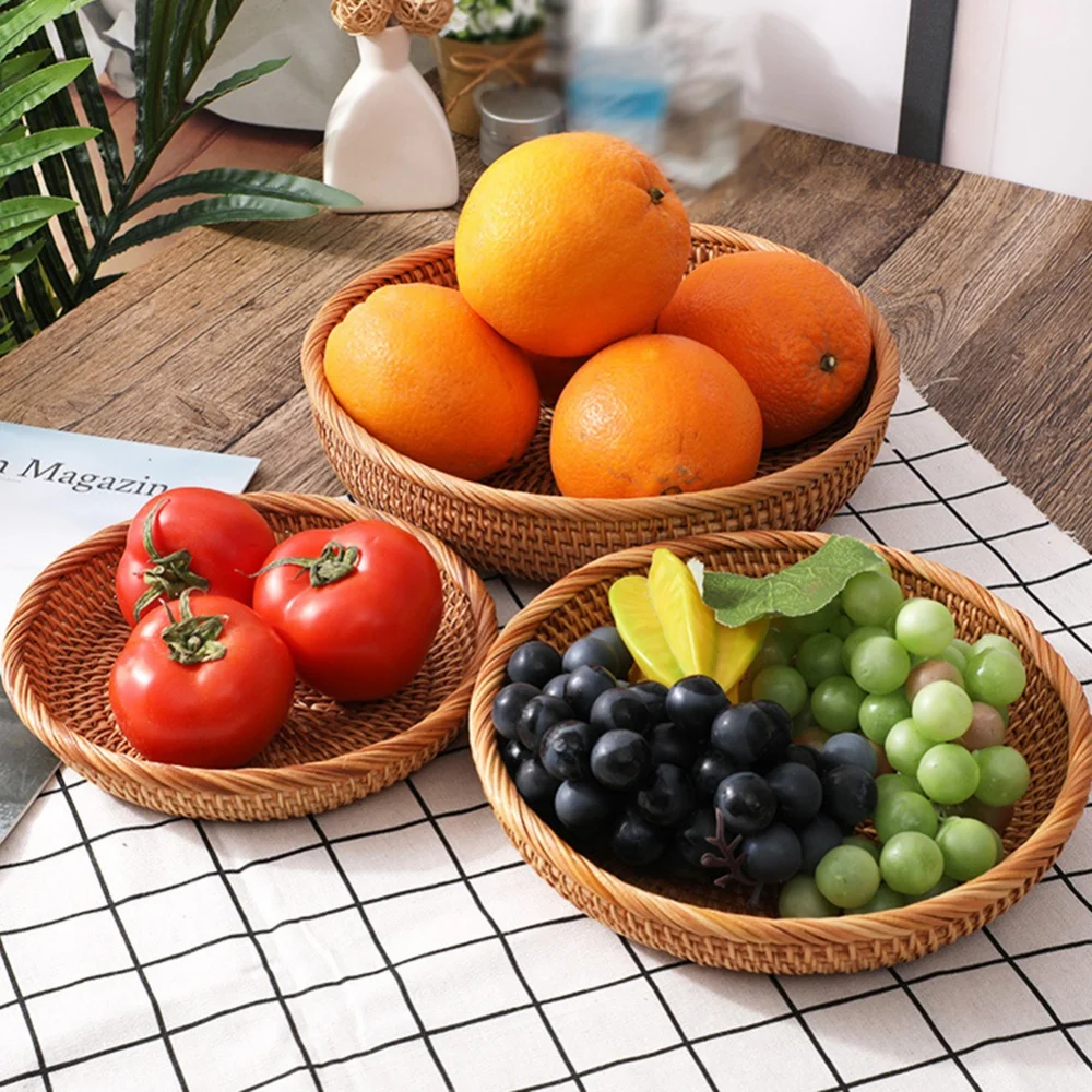 Natural Color Rattan Handwoven Storage Baskets For Home Living Room Dinner Table Snack Fruit Vegetable Food Round Woven Tray Box