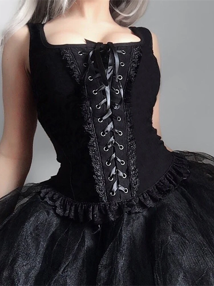 

Gothic Bla loween Costume Top Women's Street Sle Slim Fit Vest Lace Trim Waist Cinched Punk oulder Pad Crop Top