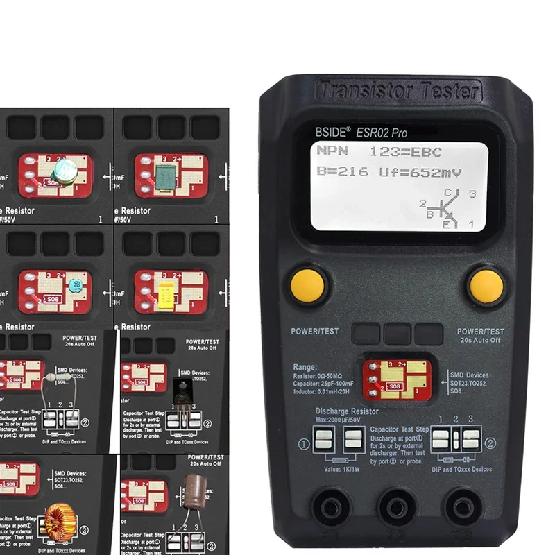 BSIDE-probador de transistores ESR02 Pro, multímetro Digital, diodo, triodo, resistencia, capacitancia, inductancia, MOSFET, NPN, Triac, Detector MOS