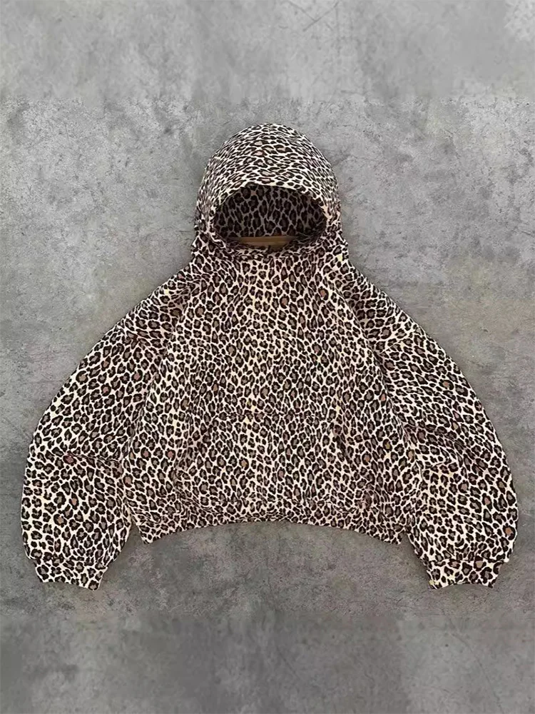 Traf women 2024 Leopard Print Hoodies Women Y2k Streetwear HipHop Harajuku Cheetah Print Hooded Sweatshirt Vintage Autumn Winter