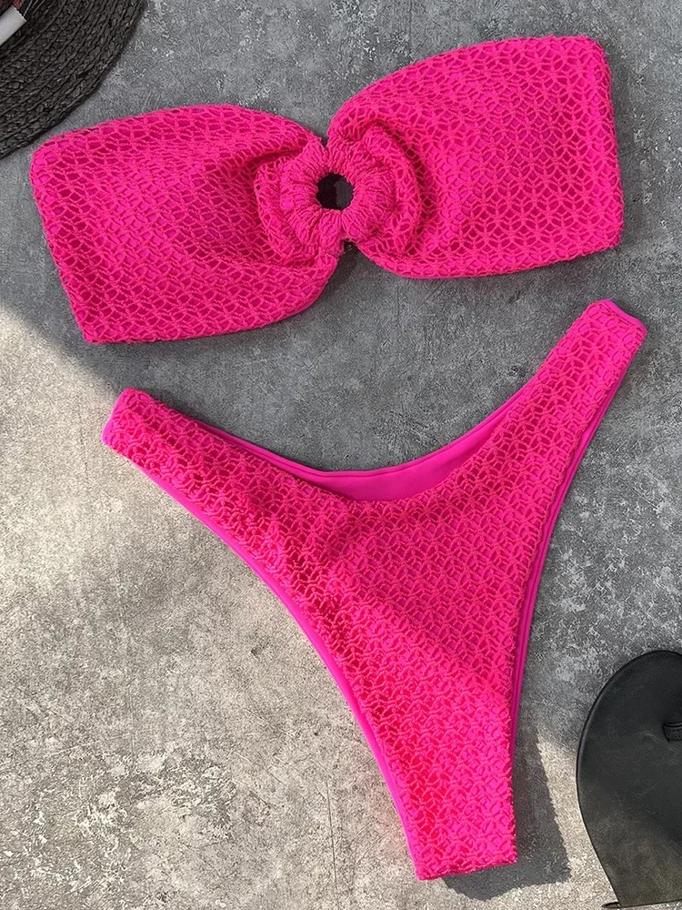 Sexy Fishnet Strapless Bandeau Bikini Women Swimsuit Female Swimwear Two-pieces Bikini set High Cut Bather Bathing Suit Swim
