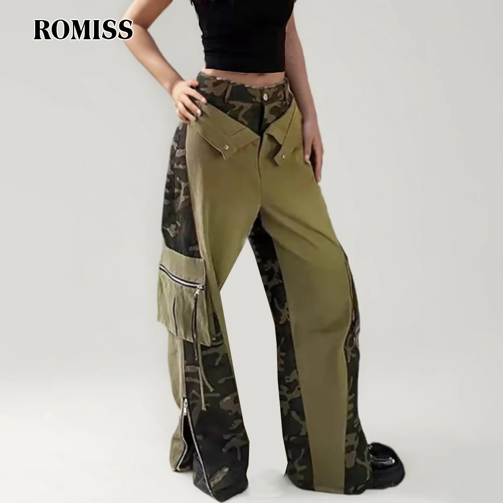 ROMISS Camouflage Pants For Women High Waist Clorblock Straight Loose Patchwork Botton Streetweat Pant Female Spring Clothes