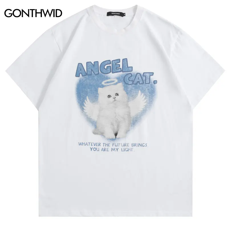 Harajuku Tshirt Hip Hop Cute Angel Cat Graphic Print T-Shirt Streetwear Fashion Casual Loose Tee Unisex Summer Top Shirts Couple