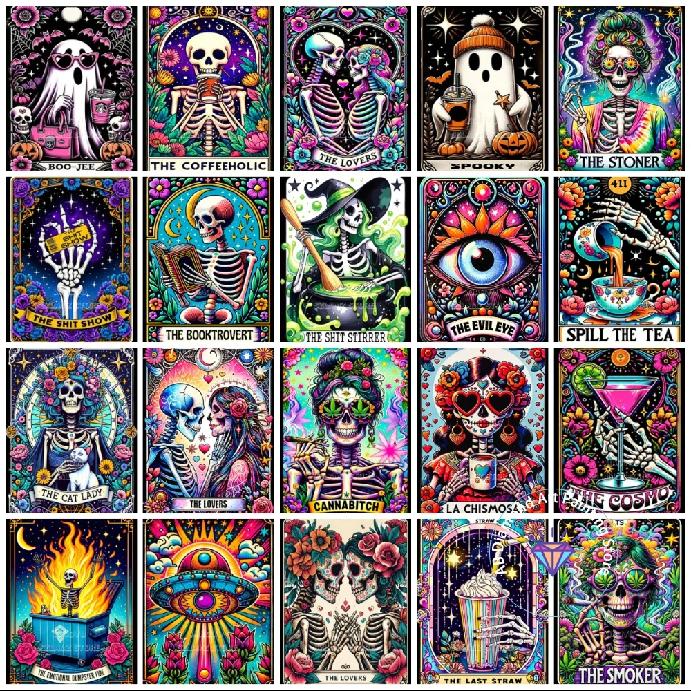

Tarot Card Cartoon Skull AB Diamond Painting Kits Square Round Diamond 5D DIY Mosaic Handmade Art Gift Crafts Home Decoration