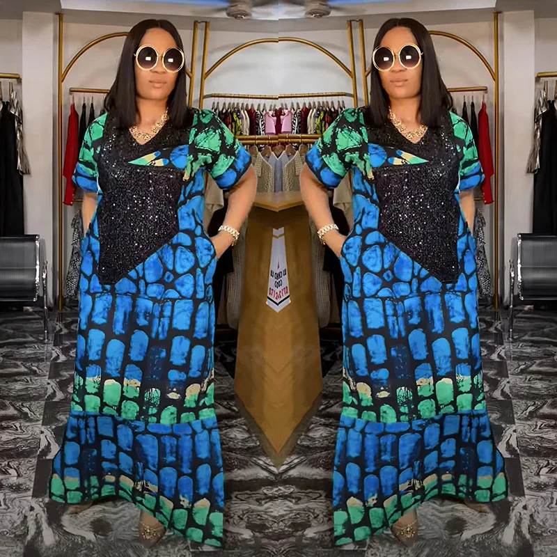 فستان قفطان فضفاض مطبوع بالترتر المخملي في الشرق الأوسط على الطراز الأفريقي العرقي من الساتان الكريستالي